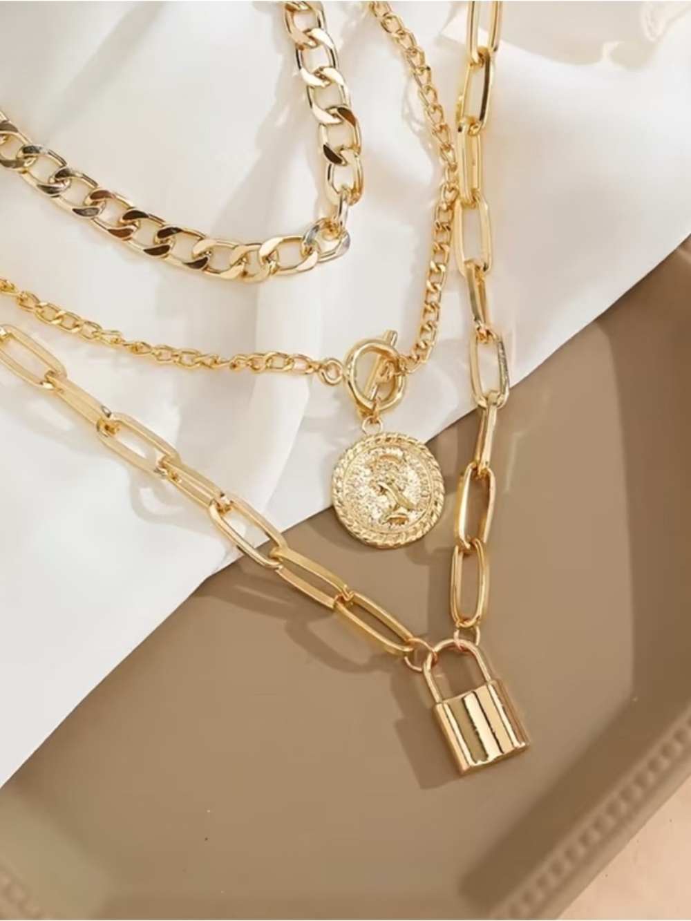 Layered Gold Coin & Padlock Necklace Trio - Women's Jewelry 3 Necklaces - Picture 3 of 4